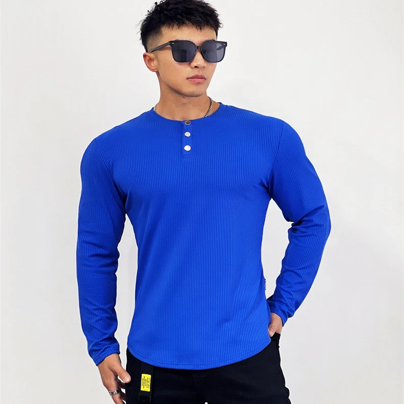 

Fashion design button neckline sports men's T-shirt Muscle fitness elastic sportswear solid color pullover long sleeve T-shirt