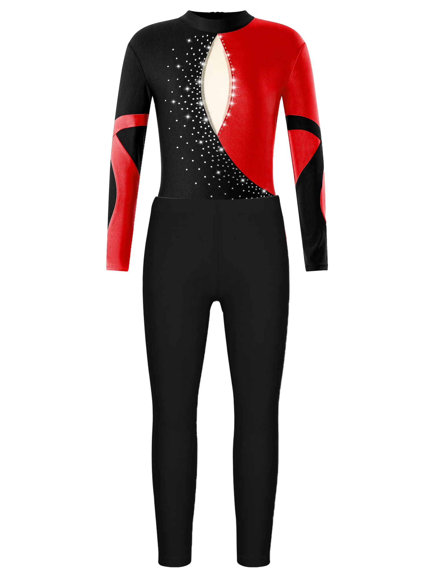 

Kids Girls Two-piece Dancewear Long Sleeve Shiny Rhinestones Adorned Contrast Color Open Back Leotard with Ankle Length Leggings