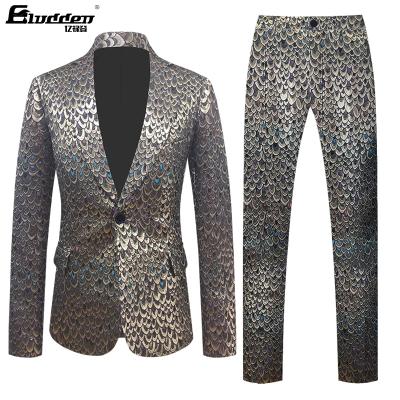 

Men scaly figure Jacquard Suit fish-scale jacquardweave elaboratepattern Crocodile Grain texture jacket Wedding Groom Party suit