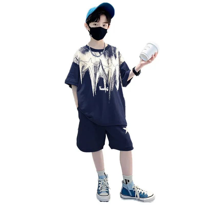 

Fashion Teenage Boys Summer Clothes Sets New Cool Printed Kids Sports Top and Shorts 2Pcs Suits Outfits Cotton Trakcsuits 12 14Y