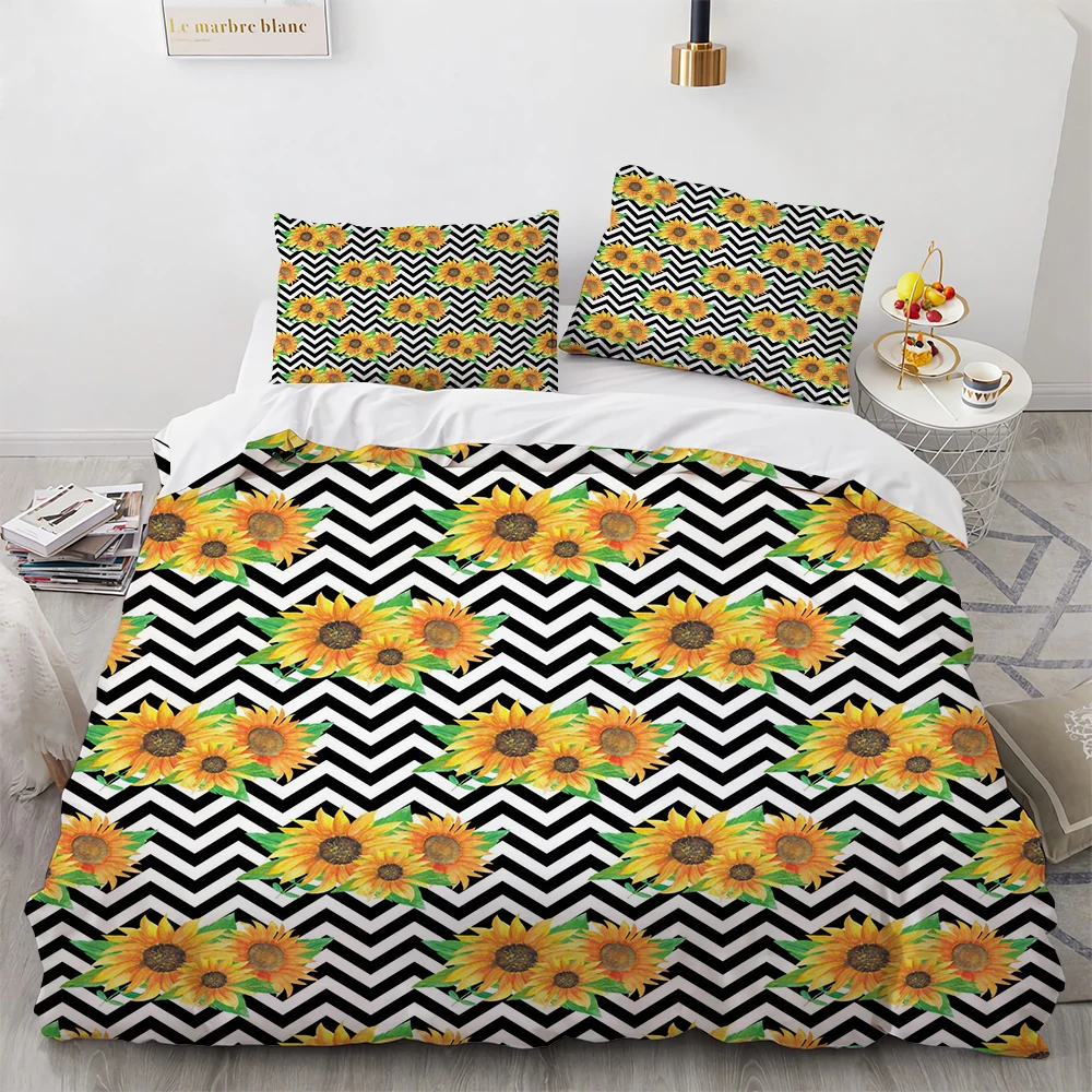 

Sunflower King Queen Duvet Cover Striped Floral Bedding Set for Kids Teens Adults Colorful Flowers 2/3pcs Polyester Quilt Cover