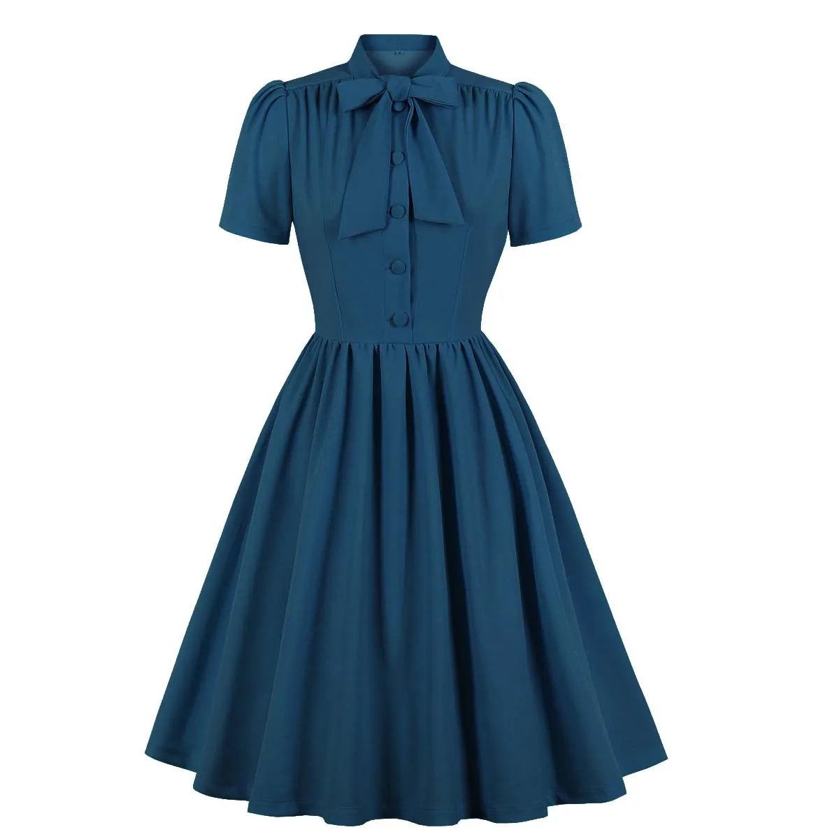 

SISHION 2023 Women Summer Blue Pleated Dress Vintage Bow Tie Neck Button Up Elegant Belted Pinup 60s 50s Retro Dresses SD0081