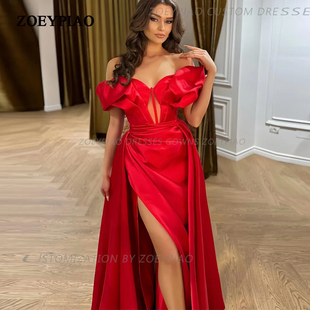 

Elegant Long Red Sweetheart Evening Dresses Off Shoulder Side Slit فساتين سهرة Floor Length Formal Gowns Prom Dress for Women