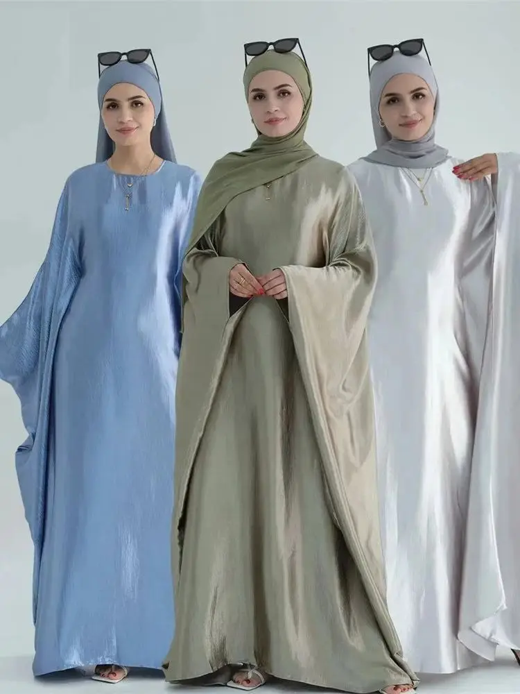 

Eid летучая мышь сатин мерцающий мягкий креп Abaya Дубай роскошный 2024 мусульманский Макси-кафтан платье женская одежда