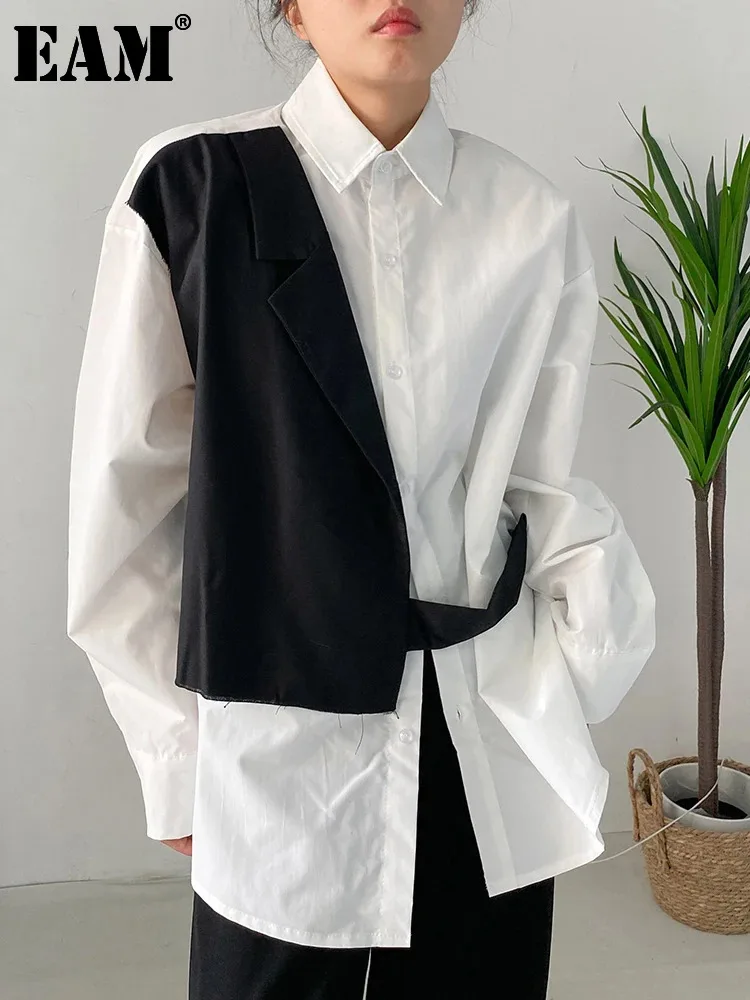 

[EAM] Women White Irregular Spliced Big Size Blouse New Lapel Long Sleeve Loose Shirt Fashion Tide Spring Autumn 2024 1DF0351