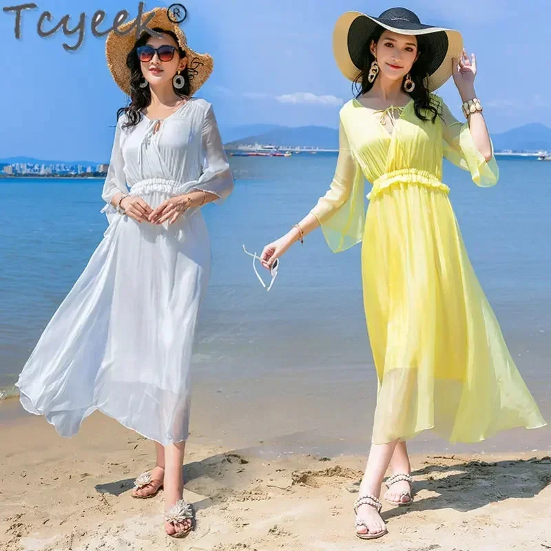 

Real Tcyeek for Women Clothing Summer Beach Dress Female Slim 100% Mulberry Silk Dresses Fairy Vestido De Mujer