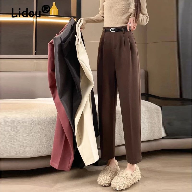 

Women Clothing Korean Fashion Casual High Waist Woolen Suit Pants Female Solid Loose Straight Trousers Autumn Winter Pantalones