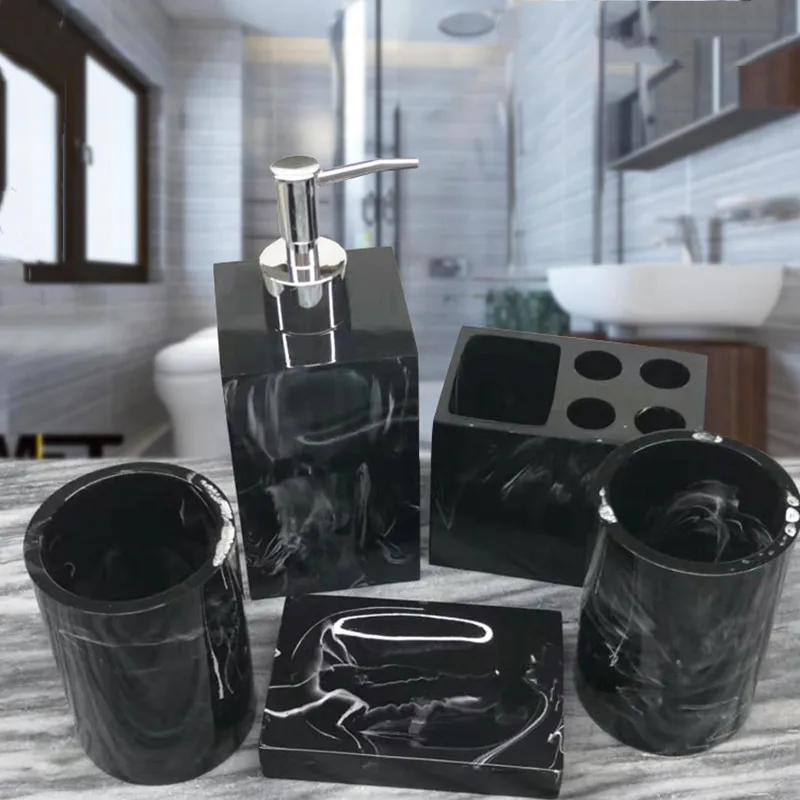 

Bathroom Five Piece Set Resin Marble Ink Pattern Wash Set Storage Tray Toothbrush Holder Mouthwash Cup Bathroom Accessories