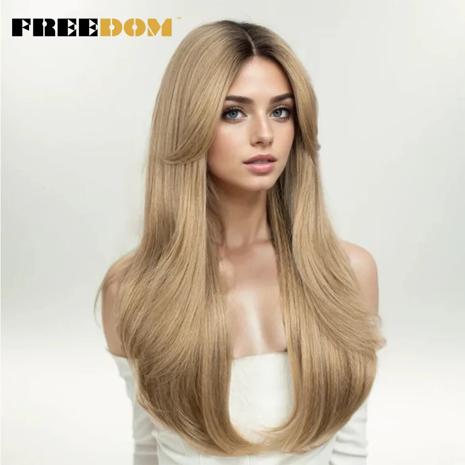 

FREEDOM Synthetic Lace Front Wigs For Women Straight Lace Wig With Bangs 26 inches Ombre Brown Highlight Blonde Wigs Cosplay Wig