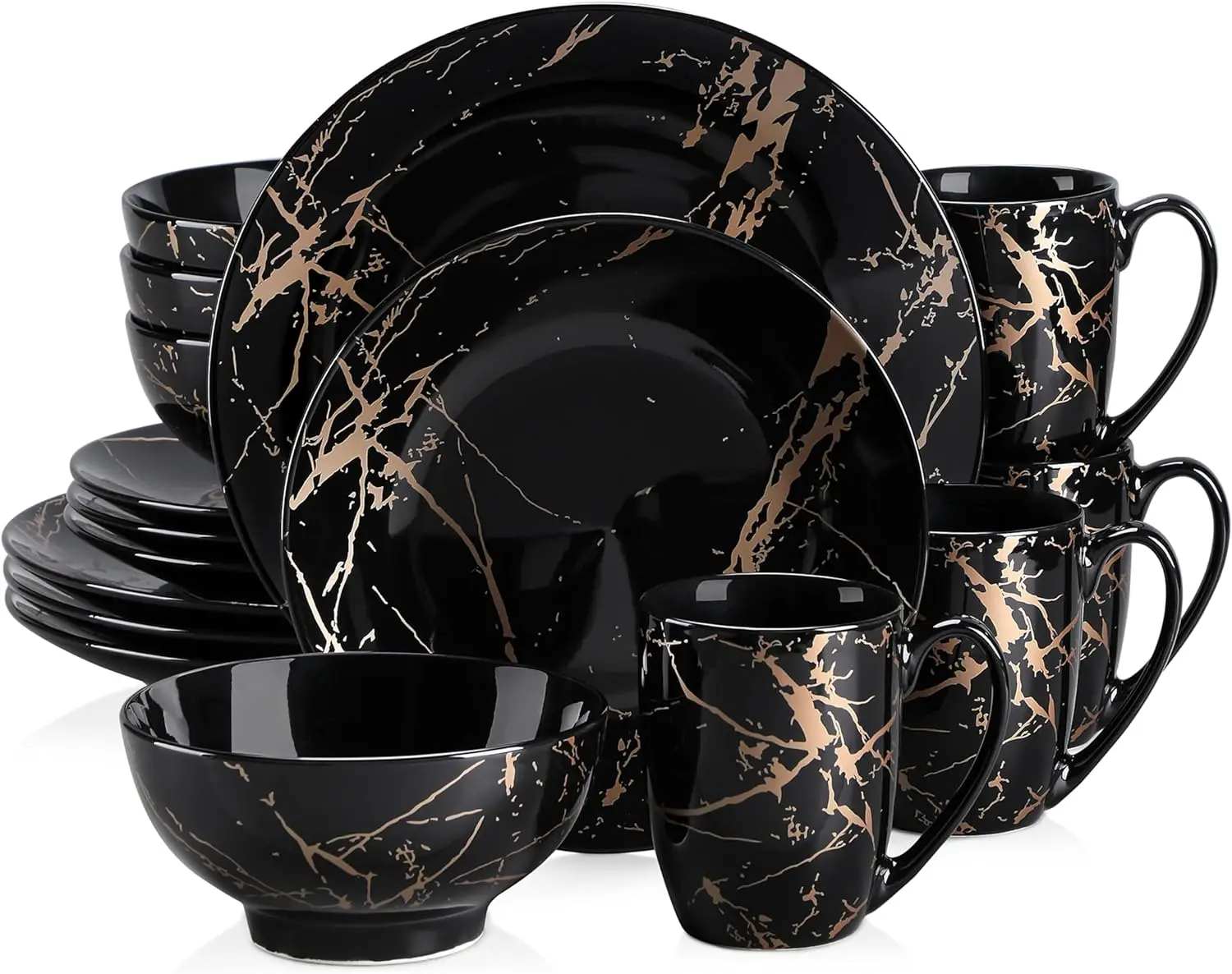

LOVECASA Black Plates and Bowls Sets for 4, Porcelain Dinnerware Sets 16 Piece Gold Splash Glaze Ceramic Dish Set, Round Dinner