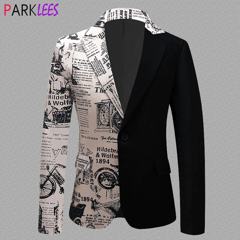 

Fashion Newspaper Pattern Patchwork Suit Jacket Men Brand One Button Notched Lapel Dress Blazers Party Prom Casual Costume Homme