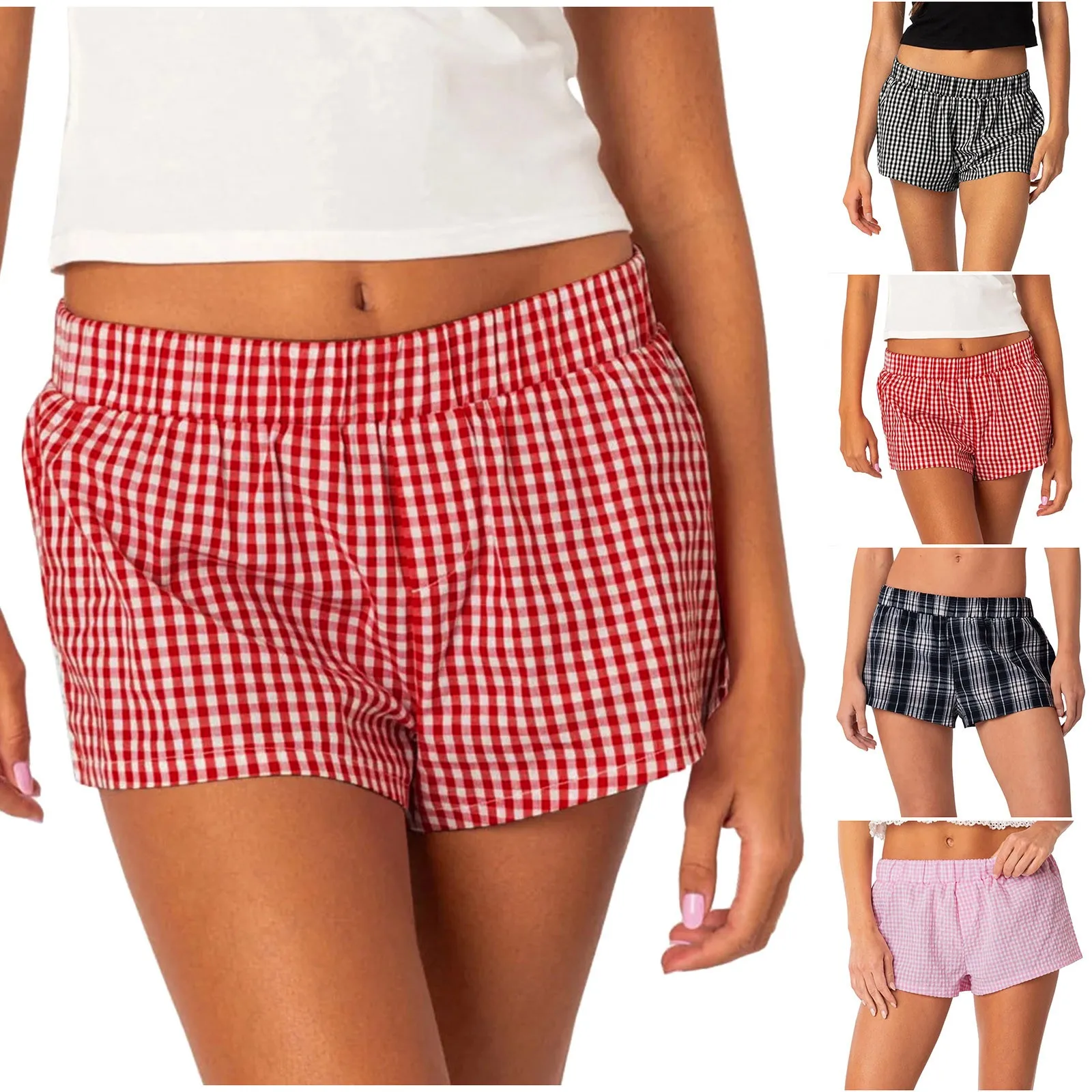 

Women Y2K Plaid Pajamas Shorts Elastic Waist Wide Leg Gingham Boxer Lounge Shorts Checked Pj Bottom Going Out Shorts