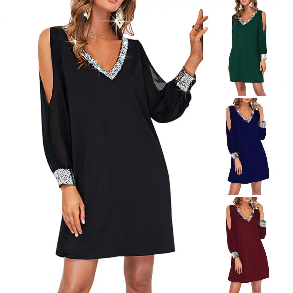 Contrast Color Dress Sequin Design Dress Stunning Sequin Mesh Mini Dresses Chic V-neck Off Shoulder Styles for Women's Commute
Contrast Color Dress Sequin Design Dress Stunning Sequin Mesh Mini Dresses Chic V-neck Off Shoulder Styles for Women's Commute