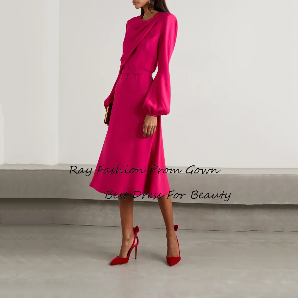 

Ray Fashion A Line Evening Dress Satin O Neck With Long Sleeves Tiered Tea Length For Formal Occasion Saudi Arabia فساتين سهرة