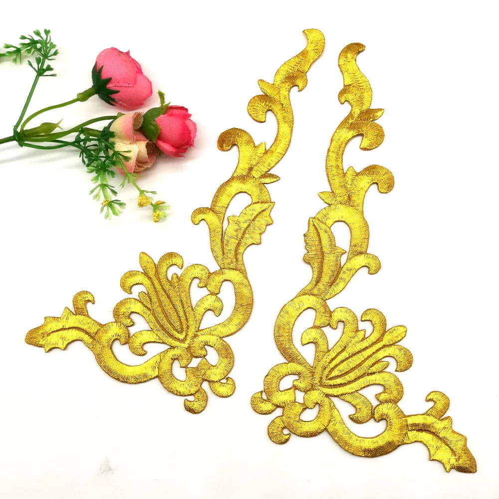 

1 Pair Gold Embroidered Patches Iron On Flower Appliques For Garment Diy Trims Shiny Metallic Golden Accessories 19.5cm*10cm