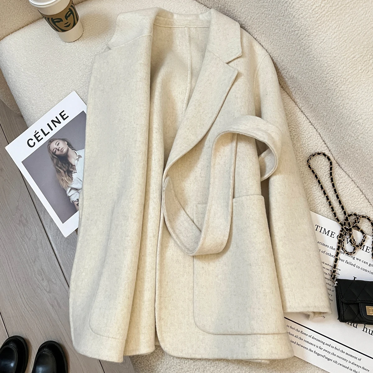 

80% double-sided woolen medium length lace up cashmere coat for women in beige white Korean high-end autumn/winter 2023 new