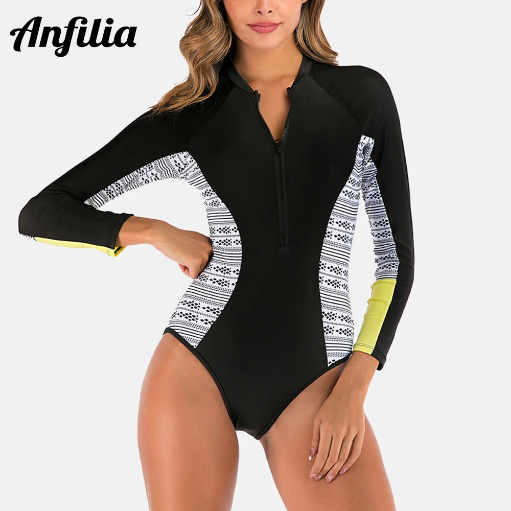 

Anfilia Women's One Piece Rash Guard Set Swimwear Fashion Long Sleeve Surfwear Zip-Up Swimwear Printed Patchwork Sun Protection