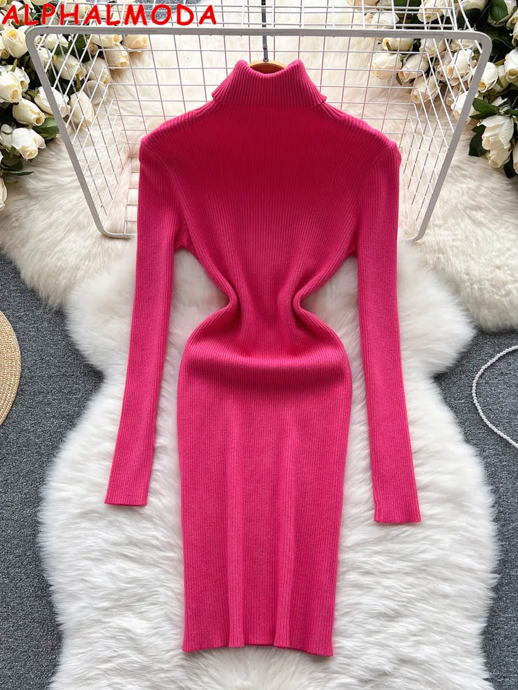 

Женское трикотажное платье ALPHALMODA, пуловер с длинными рукавами и высоким воротником карамельных цветов выше колена на осень 2022