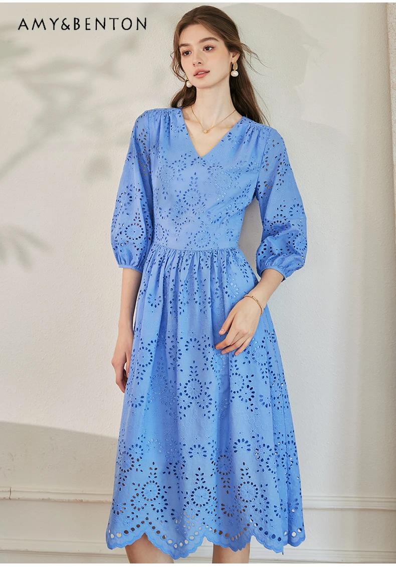 

French Style Temperament V-neck Three-quarter Sleeve Slim Dress for Women Spring New Elegant Blue Hollow-out Large Swing Dresses