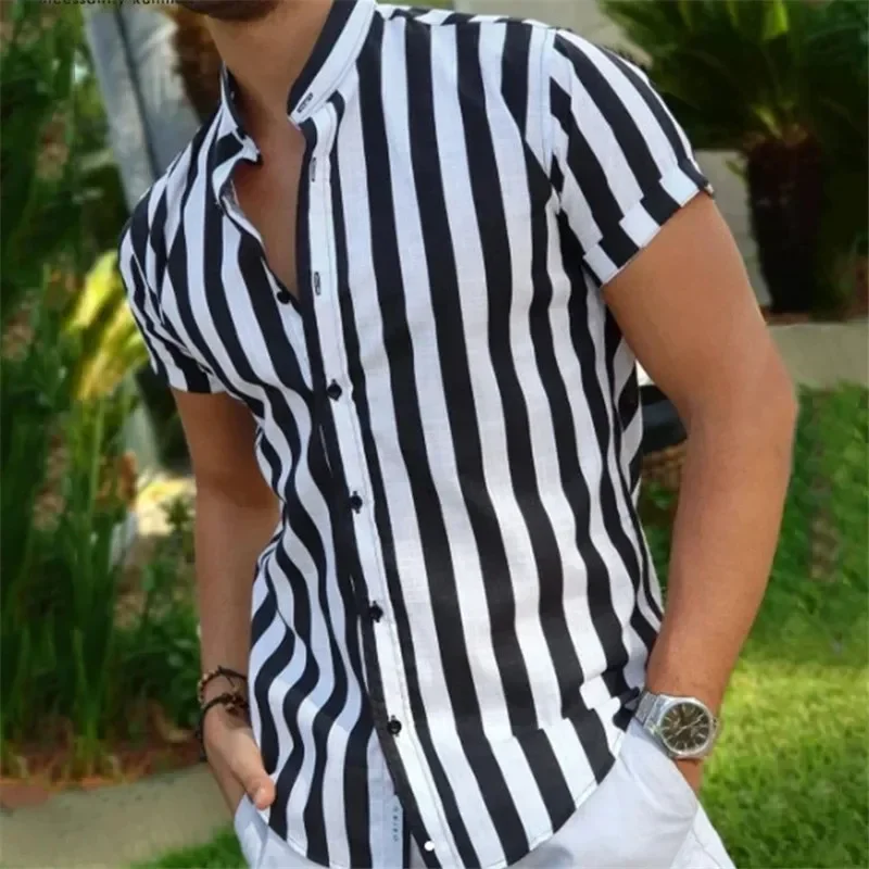 

Рубашка мужская оверсайз в полоску, модная повседневная сорочка с воротником-стойкой, из 90% хлопка, с короткими рукавами, в винтажном стиле, лето