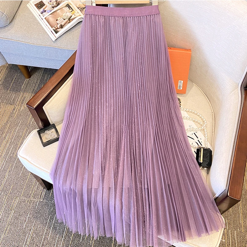 

ZJYT Pleated Midi Mesh Skirts for Women Summer Fashion Korean Style Elastic Waist Black Party Skirt Casual Faldas Holiday