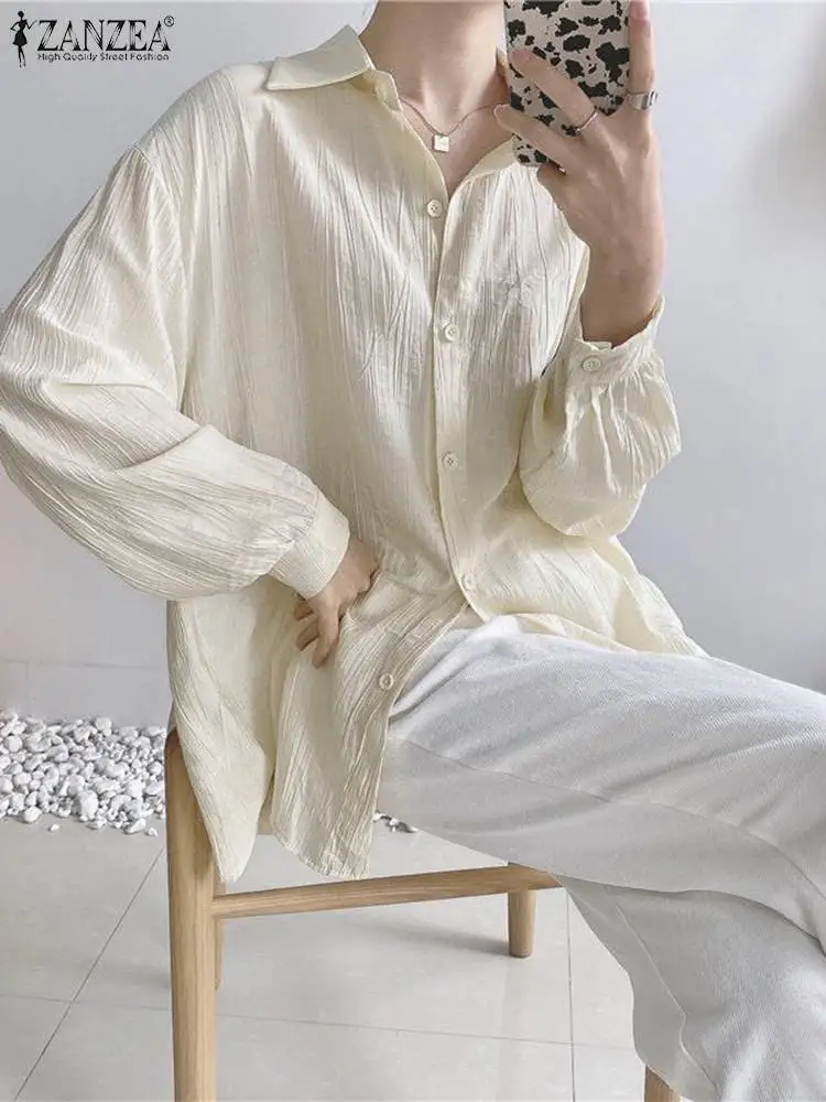 

Casual Long Sleeve Solid Tunics ZANZEA Women Fashion Blouse Korean Textured Fabric Shirt 2023 Autumn Lapel Neck Blusas Oversized
