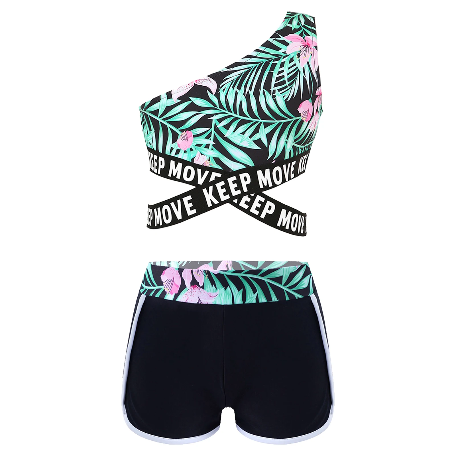 

Summer Kids Girls Swimwear Set Single Shoulder Criss Cross Waistline Printed Swim Tops with Shorts for Bathing Swimming Holiday