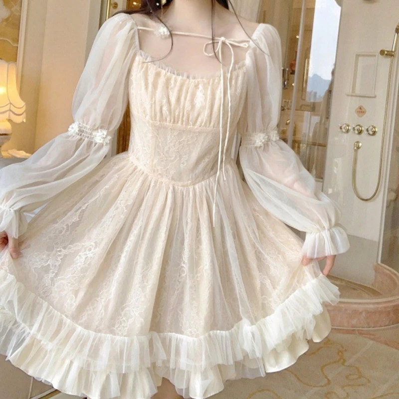 Винтажное Сетчатое платье-трапеция с квадратным вырезом и оборками, милое платье принцессы с пышными длинными рукавами, элегантное ажурное платье с бантом, платье 28498 
Винтажное Сетчатое платье-трапеция с квадратным вырезом и оборками, милое платье принцессы с пышными длинными рукавами, элегантное ажурное платье с бантом, платье 28498