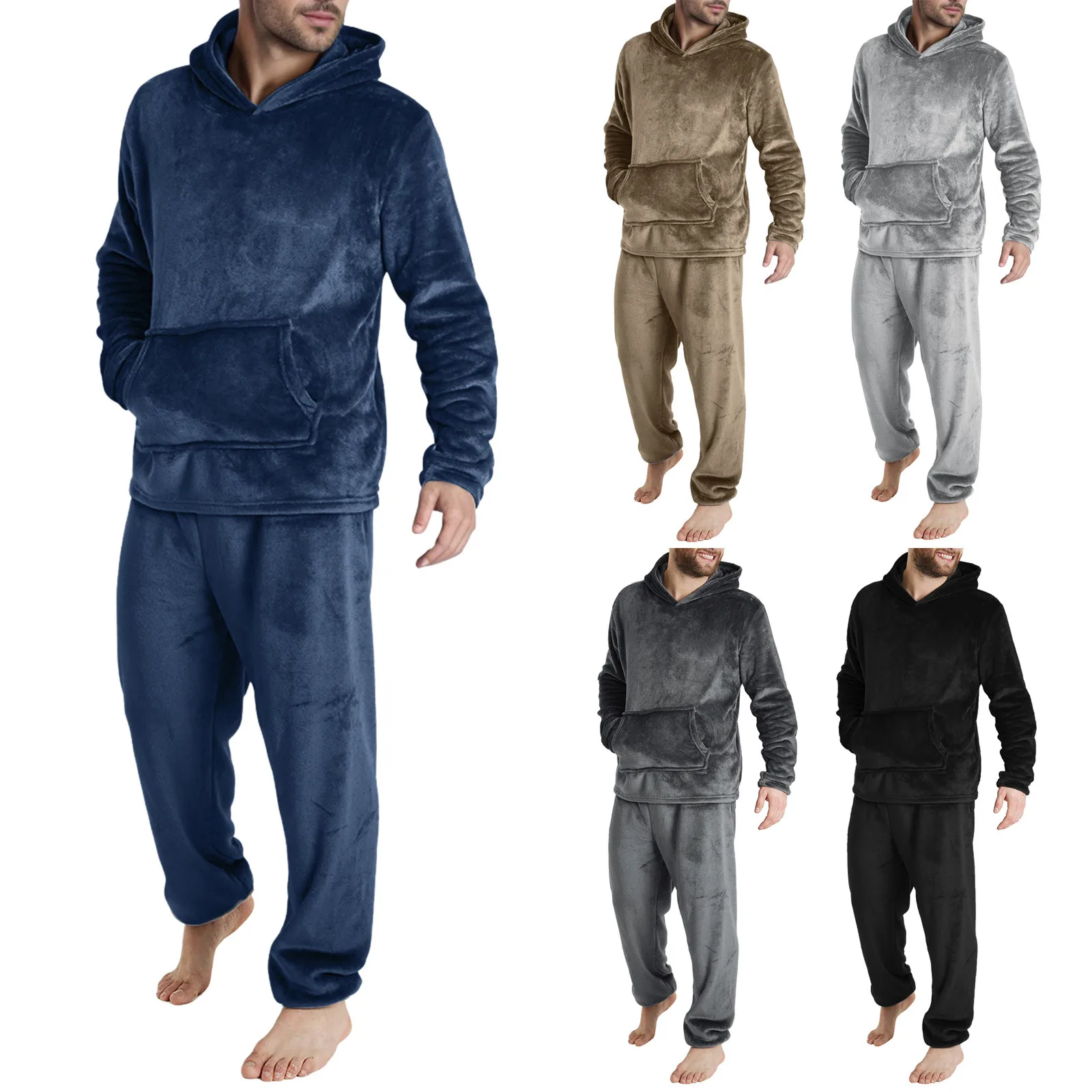 

Mens Four Seasons Fashion Leisure Soft Home Solid Color Shirt Pants Pajama Set Home Service Two Piece Set Long Fleece Warm