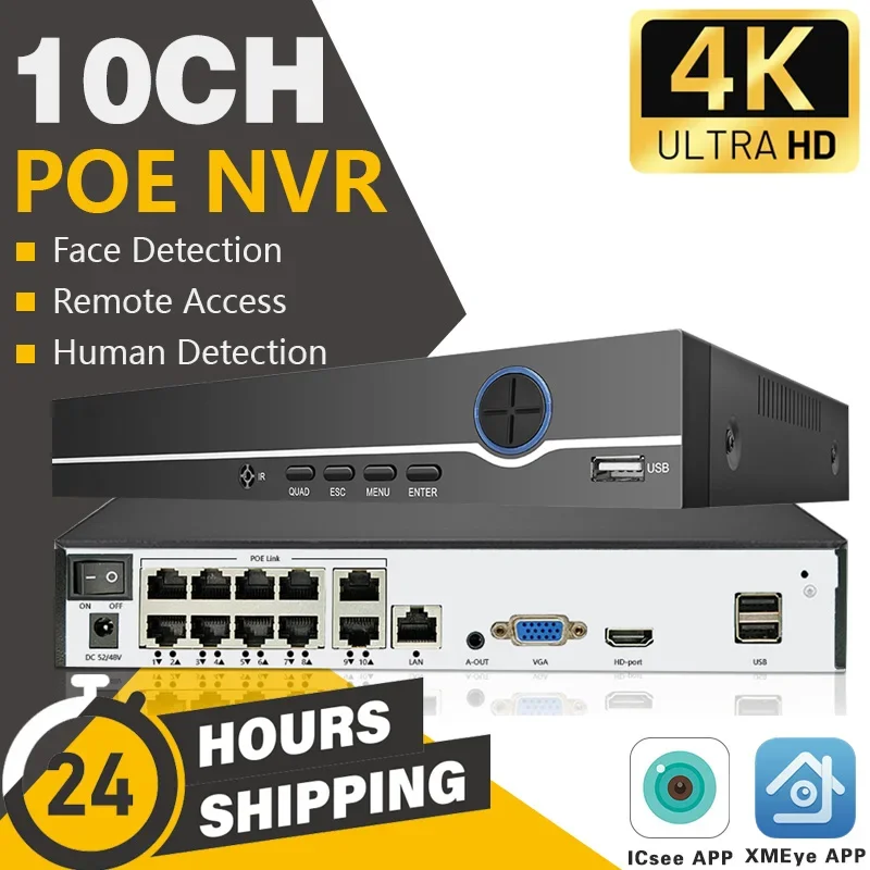 

10ch 8ch 4ch 4K 8.0MP H.265 POE NVR Face Detection Recorder For HD 1080P 3MP 4MP 5MP 8MP POE IP &PTZ Camera With ICsee&XMEYE App
