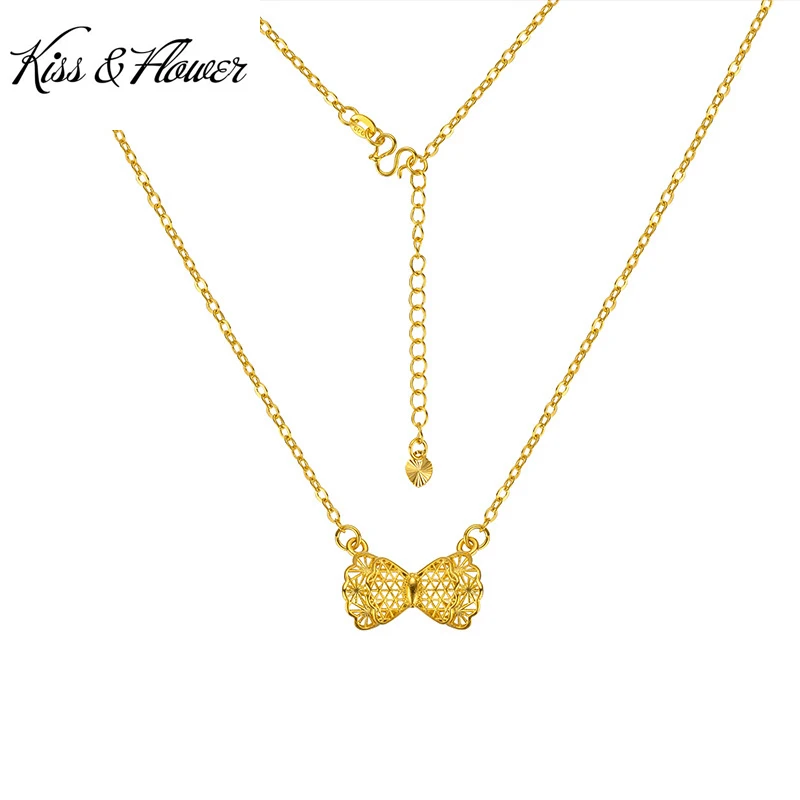 

KISS&FLOWER NK317 Fine Jewelry Wholesale Fashion Woman Girl Bride Party Birthday Wedding Gift Hollow Bowknot 24KT Gold Necklace