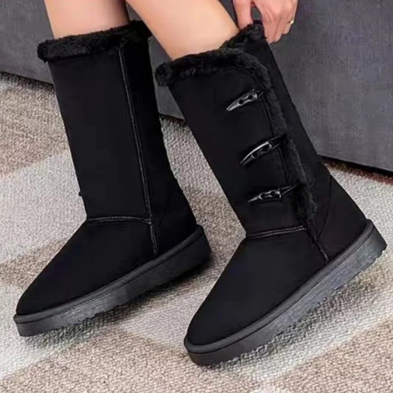 

2023 New Shoes for Women Slip on Women' Boots Winter Round Toe Solid Flock Plush Warm Comfortable Low-heeled Mid Calf Snow Boots