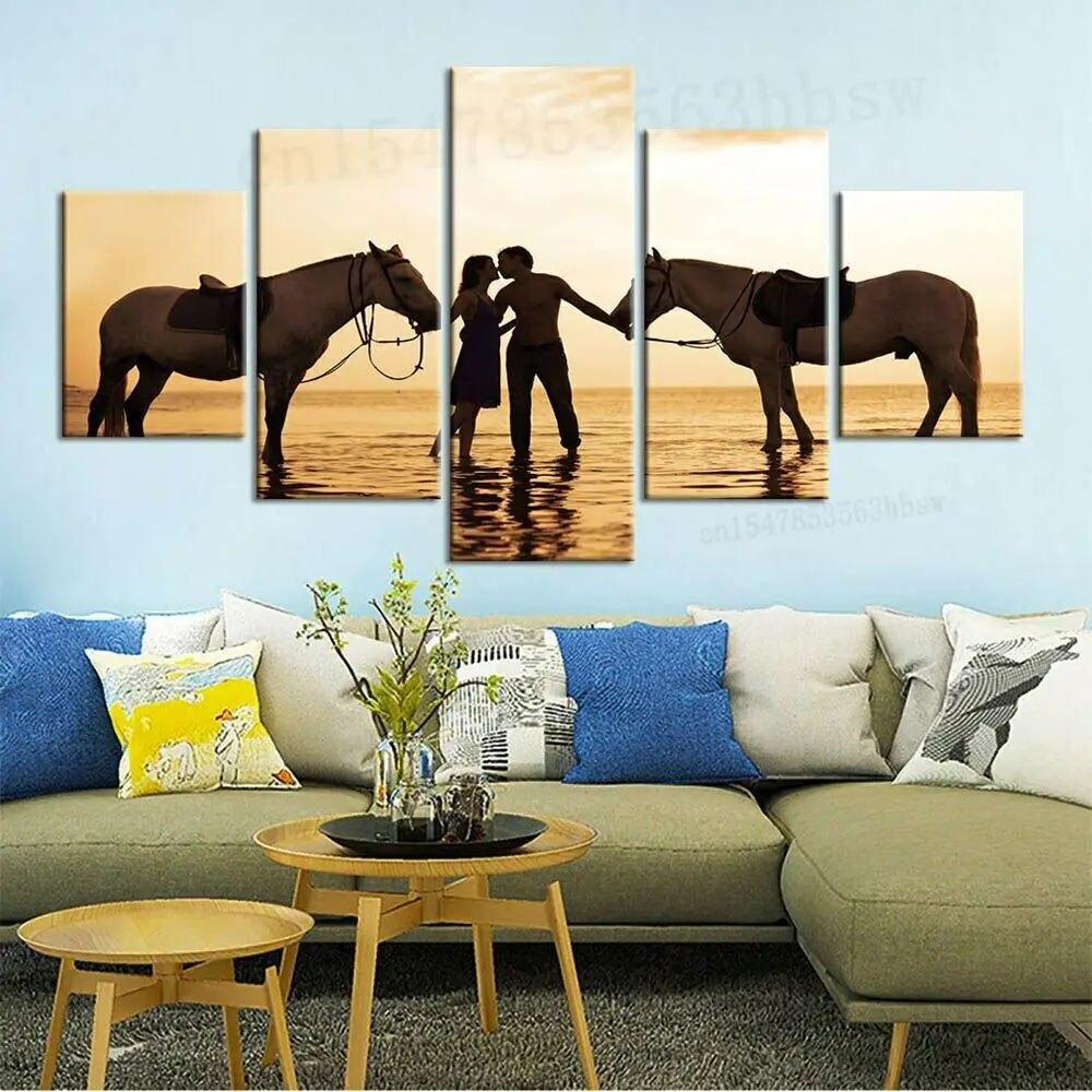 

5 Panel Horse Seaside Beach Sunset Canvas Picture Wall Art HD Print Decor Pictures No Framed Room Decor Poster Paintings