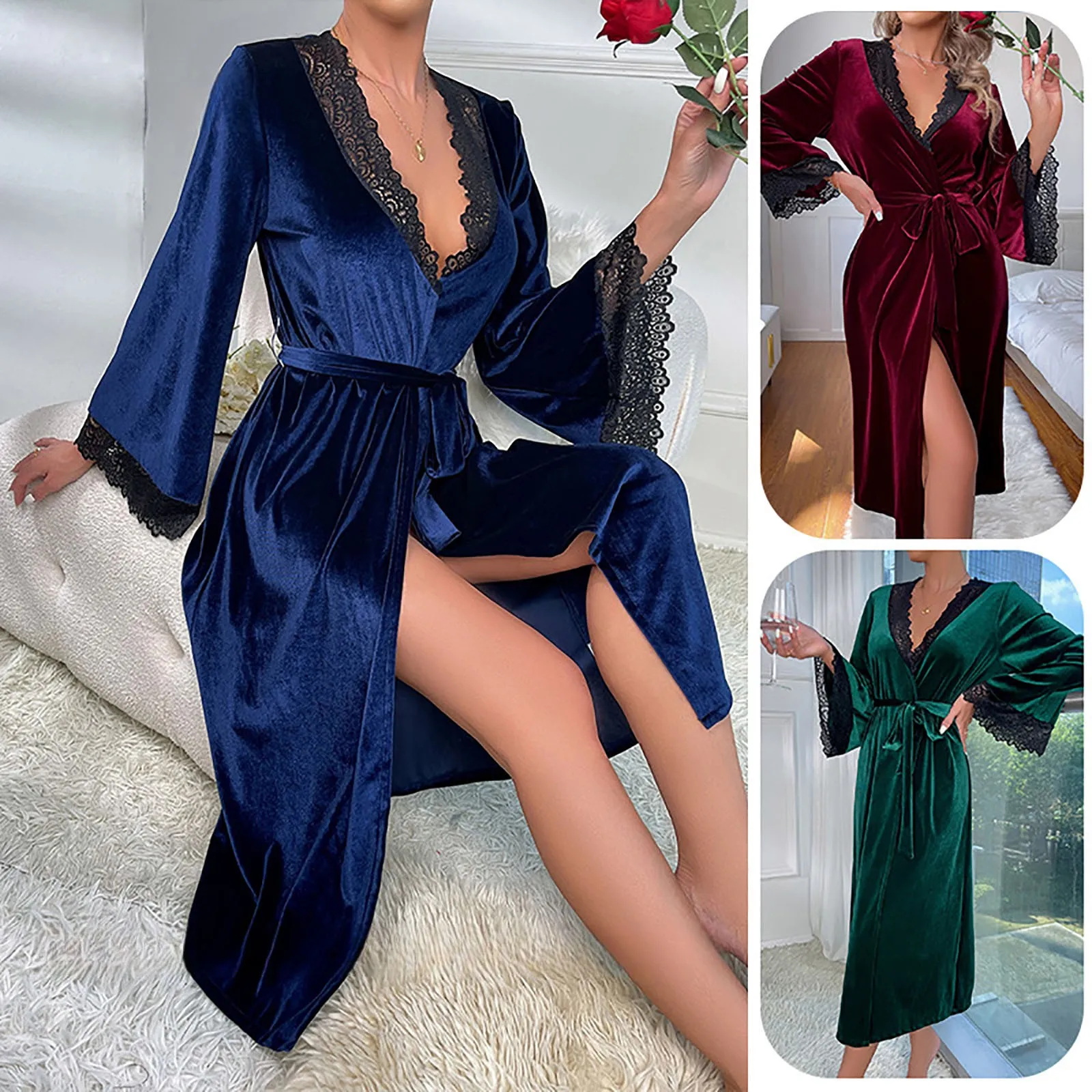 

Flannel Women Night Gown Robe Lace Bathrobe Nightgown Long Sleeve Night Maxi Dress Sexy Sleepwear Dress With Belt Kimono Pajama