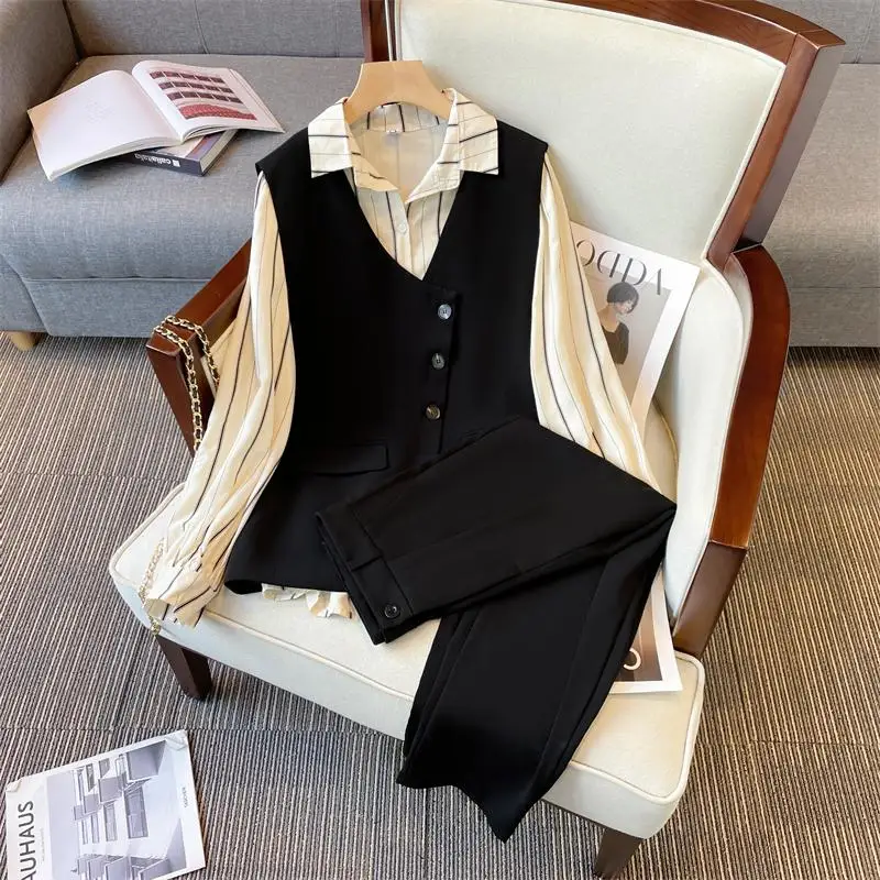 Office Ladies Elegant Two Pieces Sets Autumn Long Sleeve striped shirt Patchwork Top And Long Trousers Suits Korean Casual Sets
Office Ladies Elegant Two Pieces Sets Autumn Long Sleeve striped shirt Patchwork Top And Long Trousers Suits Korean Casual Sets