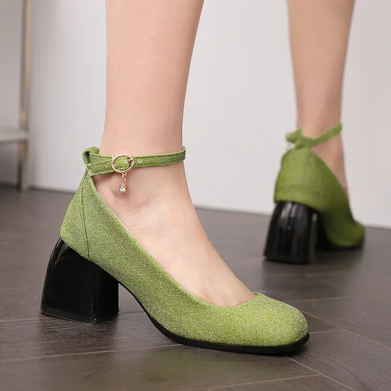 

Square Toe Mary Jane Shoes Women 2024 High Heels Ladies Ankle Strap Purple Green Fashion Loafers Size 43 Pumps Zapatos De Mujer