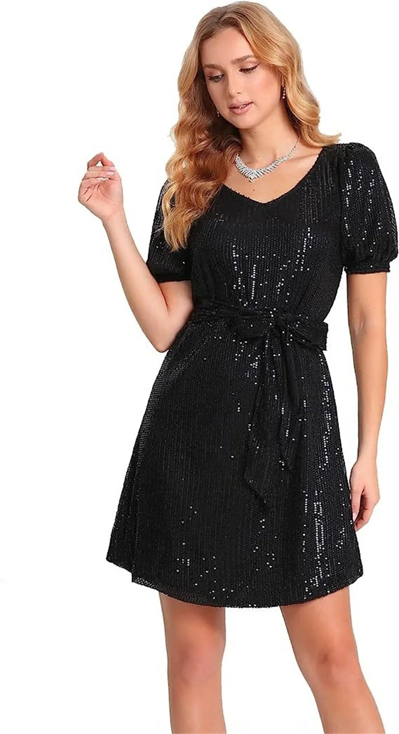 

Casual Sparkly Women Short Party Dress Sexy V-neck Sequins Cocktail Prom Gowns With Belt Fashion Ladies Birthday Evening Dresses