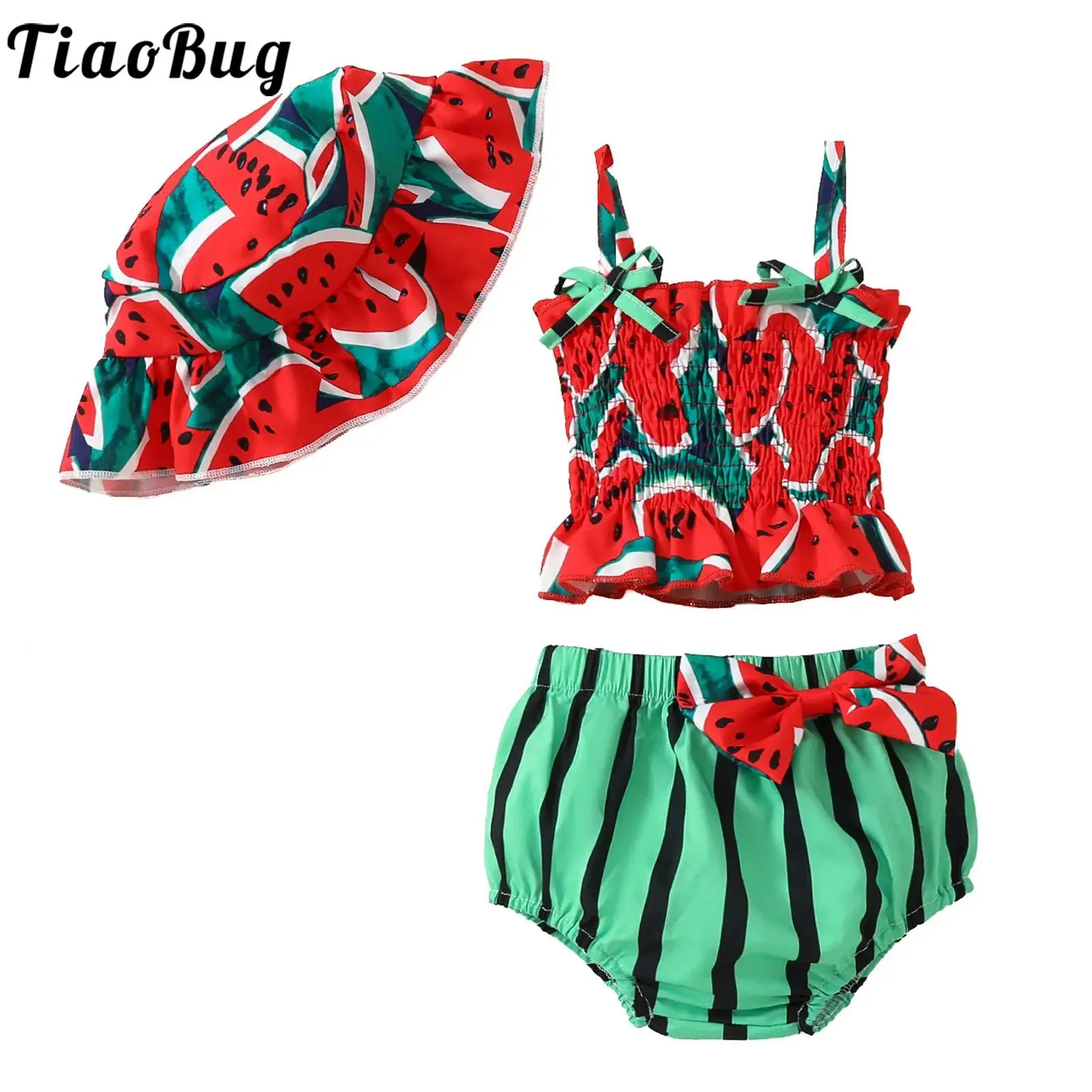 

Toddler Baby Girls Swimsuit Summer Outfits Watermelon Print Sleeveless Flounce Cami Top with Bloomers Hat Pool Beach Swimwear