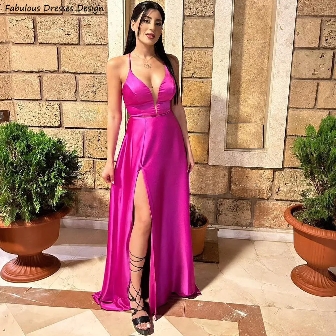 

Fuchsia Long A Line Bridesmaid Dresses Sheer V-neck Criss-cross Backless Slit Wedding Party Dress Spaghetti Straps Prom Gown