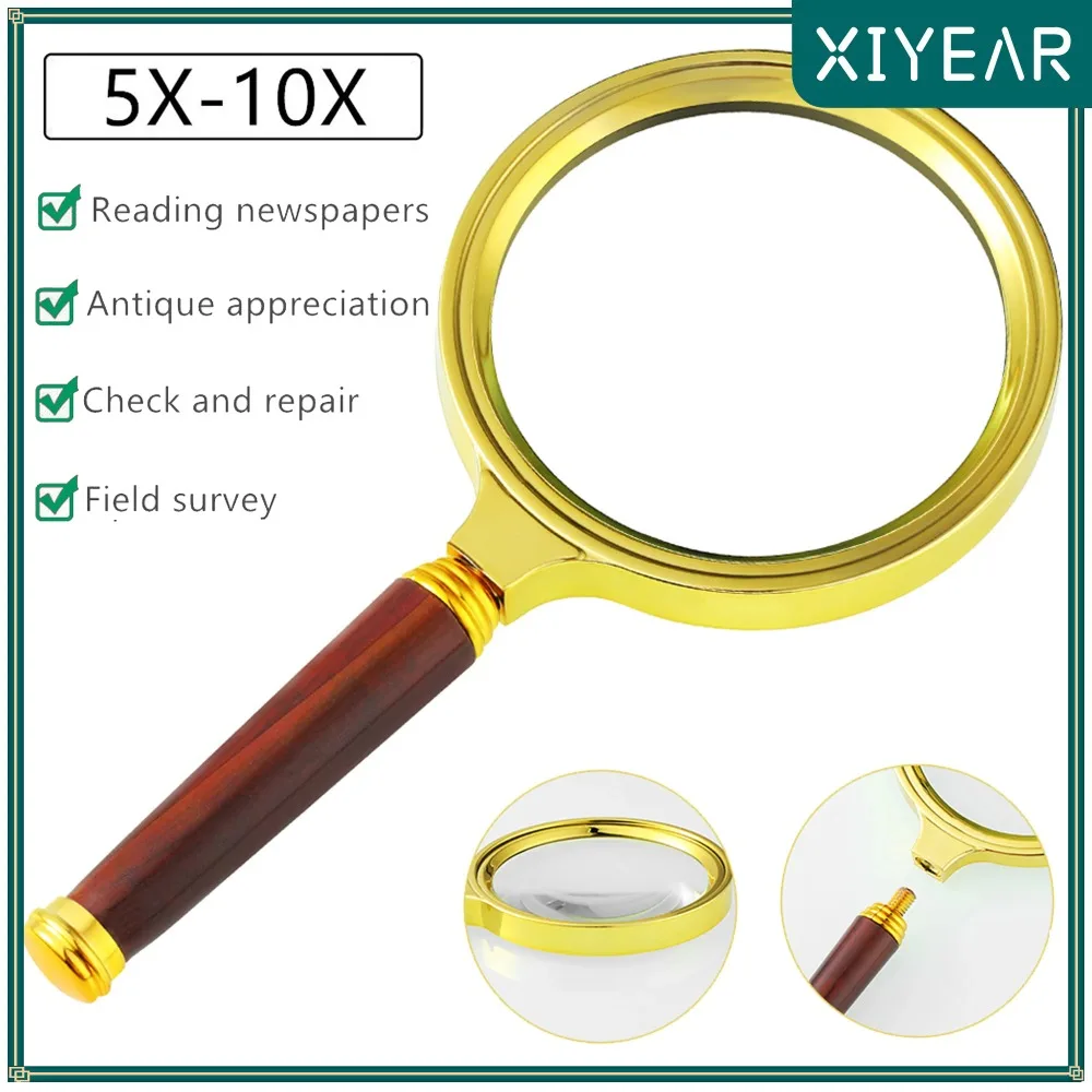 

5-10X Handheld Magnifier Antique Mahogany Handle Magnifier Reading Magnifying Glass For Reading Book Inspection Coins Map