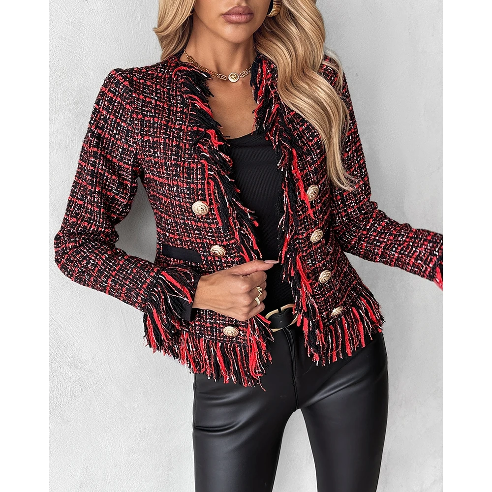 

Autumn Fashion Women Tassel Design Double Breasted Tweed Coat Femme Buttoned Open Front Colorblock Casual Jackets Elegant Work