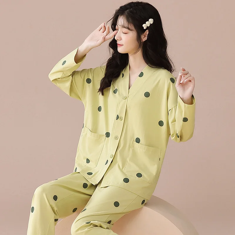 

2024 Winter Autumn Cute Pajama Woman Sleepwear Long Sleeve Tops Pants 2 Piece Pyjamas Solid Lingeries Sets for Women Nightwear