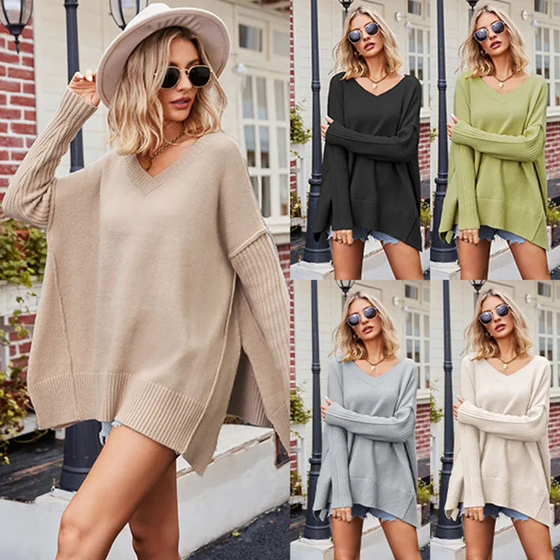 

2024 Spring New Women's Sweater V-neck Fashion Knitwear Sexy Pullover Chic Split Hem Sweater Long Sleeve Solid Color Loose Tops