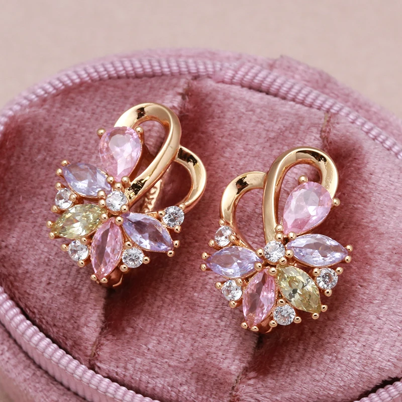 

Luxury 585 Rose Gold Clip Earrings Water Drop Colorful Zircon Curve Earring Symmetry Piercing Hoops for Women Party Jewelry Gift