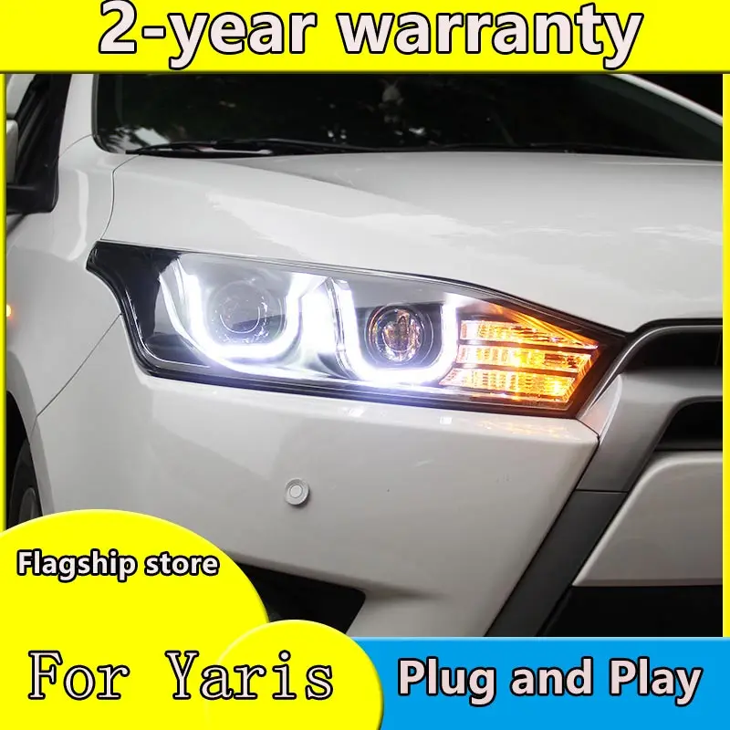 

Car Styling Head Lamp car styling for Toyota YARiS led headlights 2014-2016 double U led HID KIT Bi-Xenon Lens low beam
