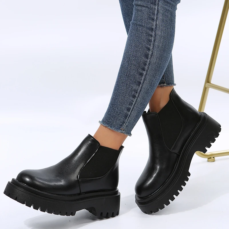 

Chunky Platform Chelsea Boots for Women 2023 Autumn Winter PU Leather Ankle Booties Woman Punk Thick Bottom Slip On Combat Boots