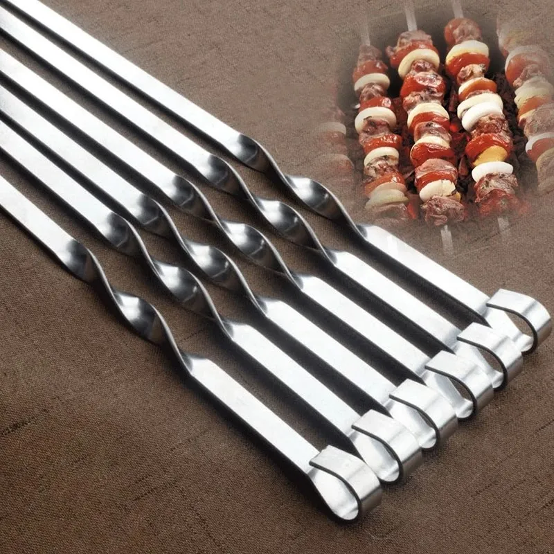 

6Pcs Wide BBQ Sticks Stainless Steel Barbecue Skewer Flat BBQ Fork Outdoor Camping Picnic BBQ Utensil Kitchen Accessories