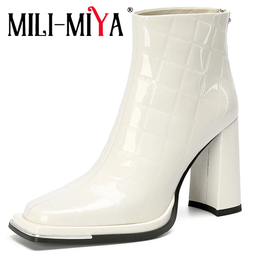 

MILI-MIYA Fashion Square Toe Women Cow Patent Leather Ankle Boots Thick Heels Zippers Solid Color Casual Concise Style For Lady