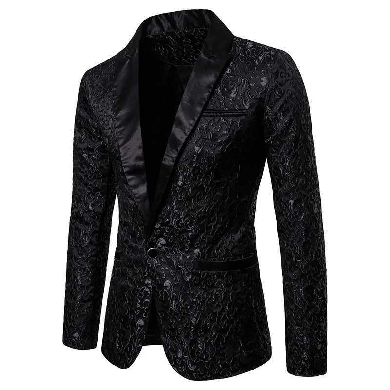 

Mens Black Jacquard Bronzing Suit Jacket Blazer Notch Collar One Button Blazers Men Party Wedding Stage Singer Costume Homme XXL