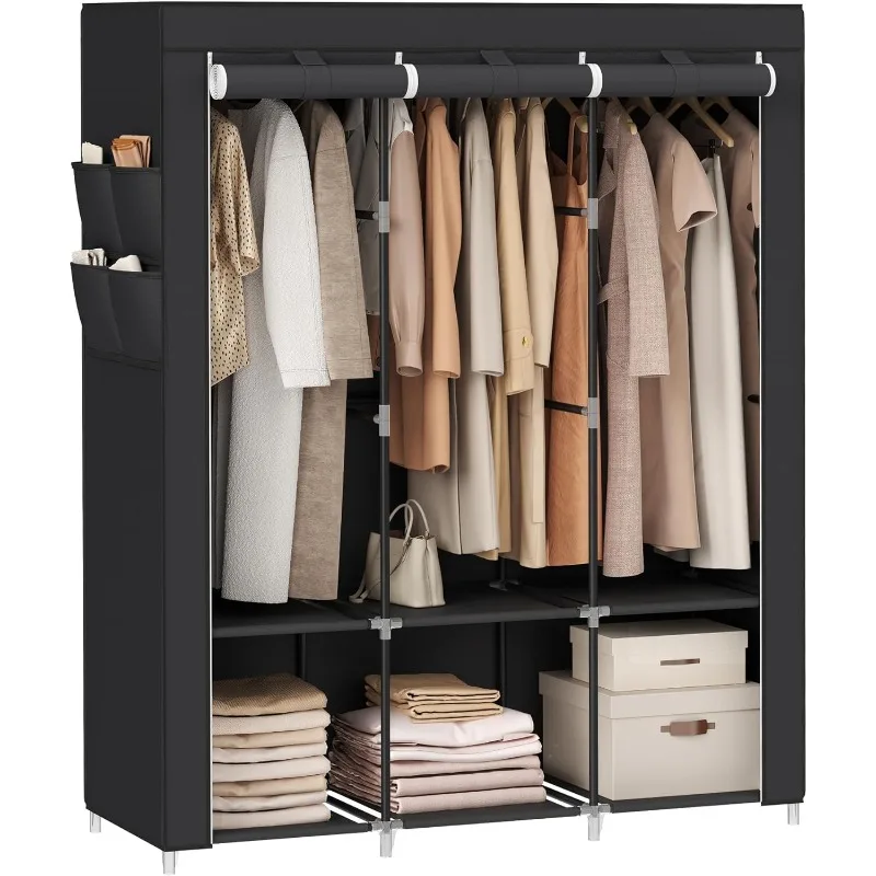 

SONGMICS Portable Closet, Wardrobe Closet Organizer with Cover,3 Hanging Rods and Shelves,4 Side Pockets,51.2 x 17.7 x 65.7